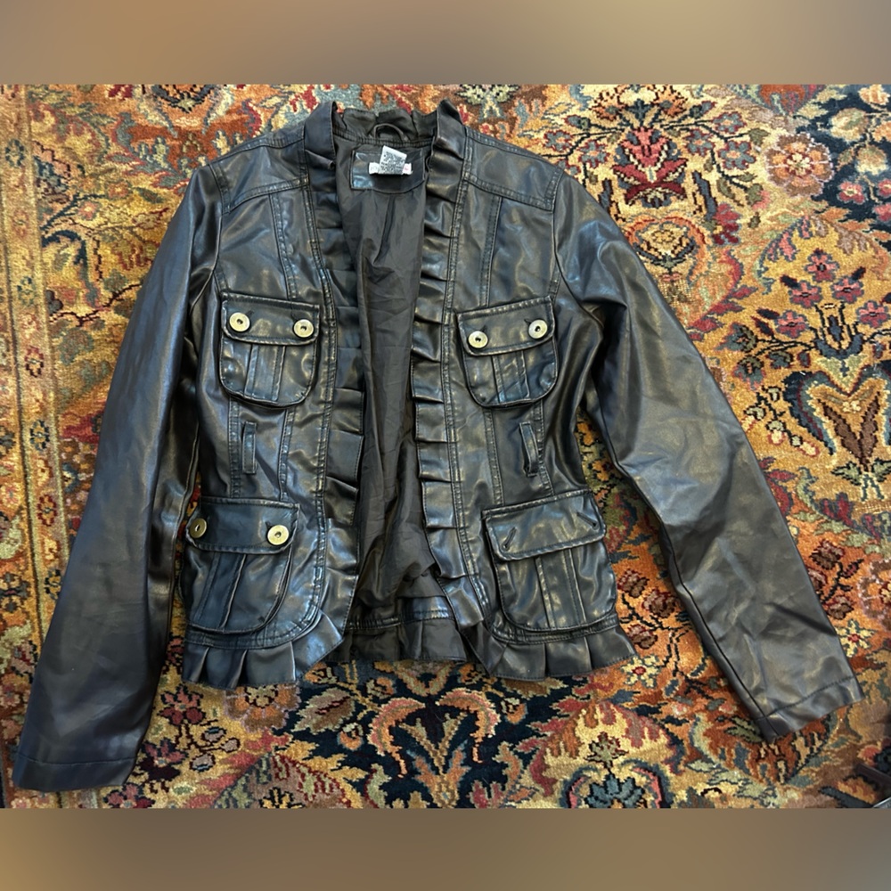 Body Central Dark Brown Ruffled Faux Leather  Jacket